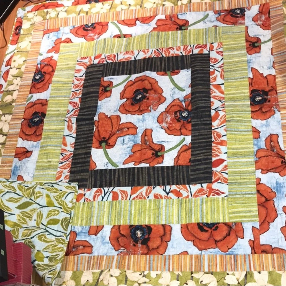 Artisan poppy quilt reversible  handmade 62x66 Signed poppies dogwood FINAL SALE